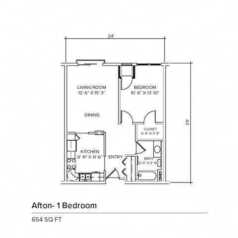 Floor plan for 1 bed, 1 bath, 654 sqft
